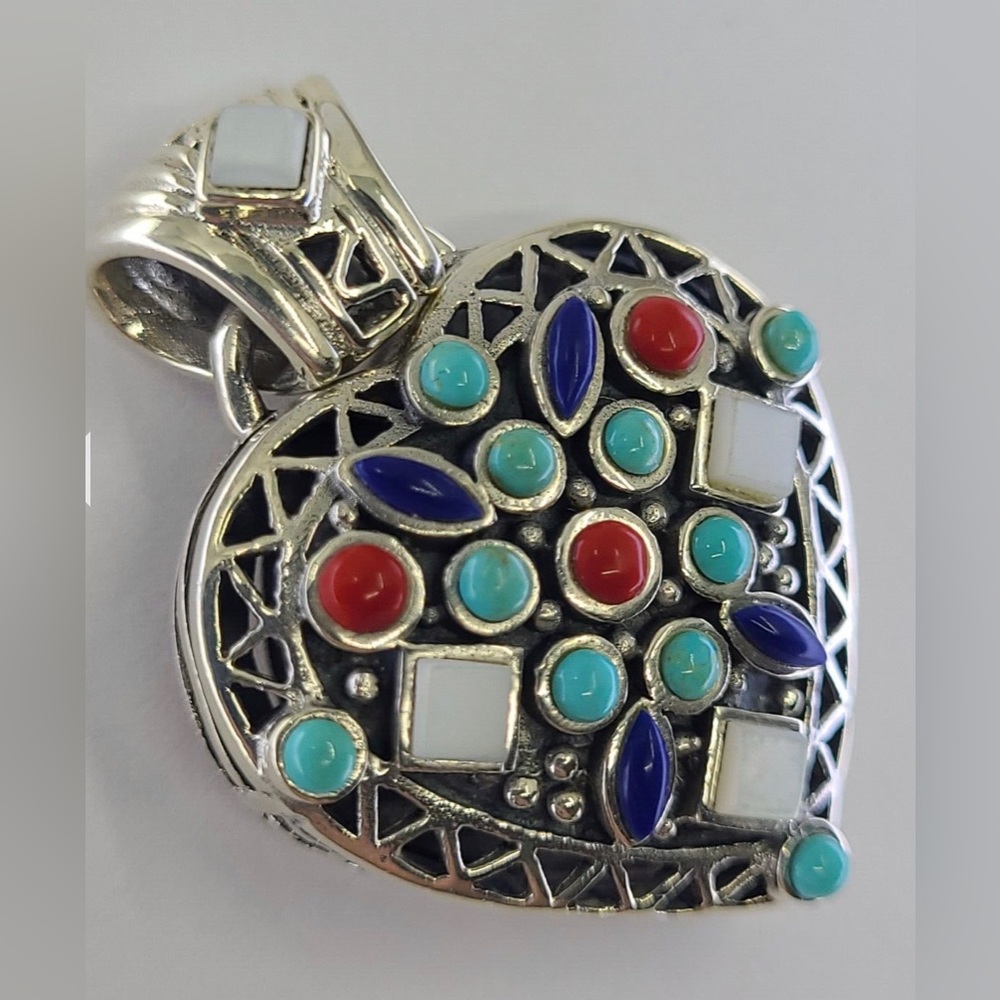 Sally C Treasures SX Sterling Silver Lapis Lazuli & Turquoise MOP Heart Pendant
